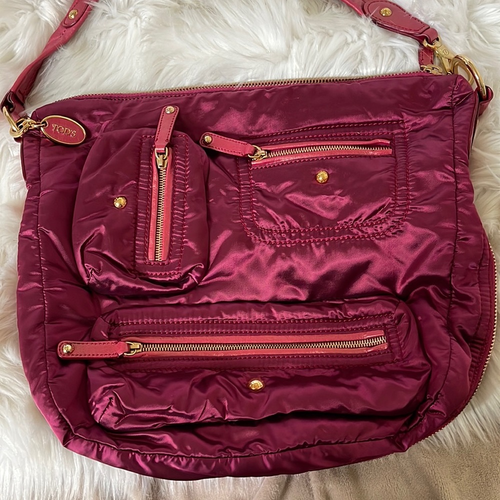 Tod’s Tote Hobo Pashmy D Media Nylon Leather Purse Red Shoulder Bag